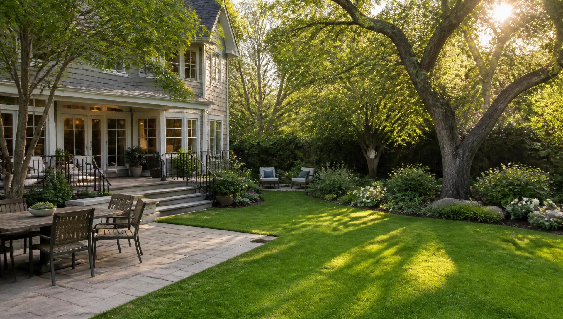 A green backyard with a patio and mature trees