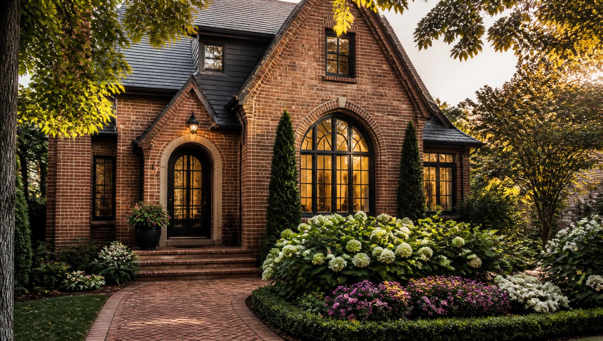 An established brick home with arched windows, mature landscaping, and timeless character