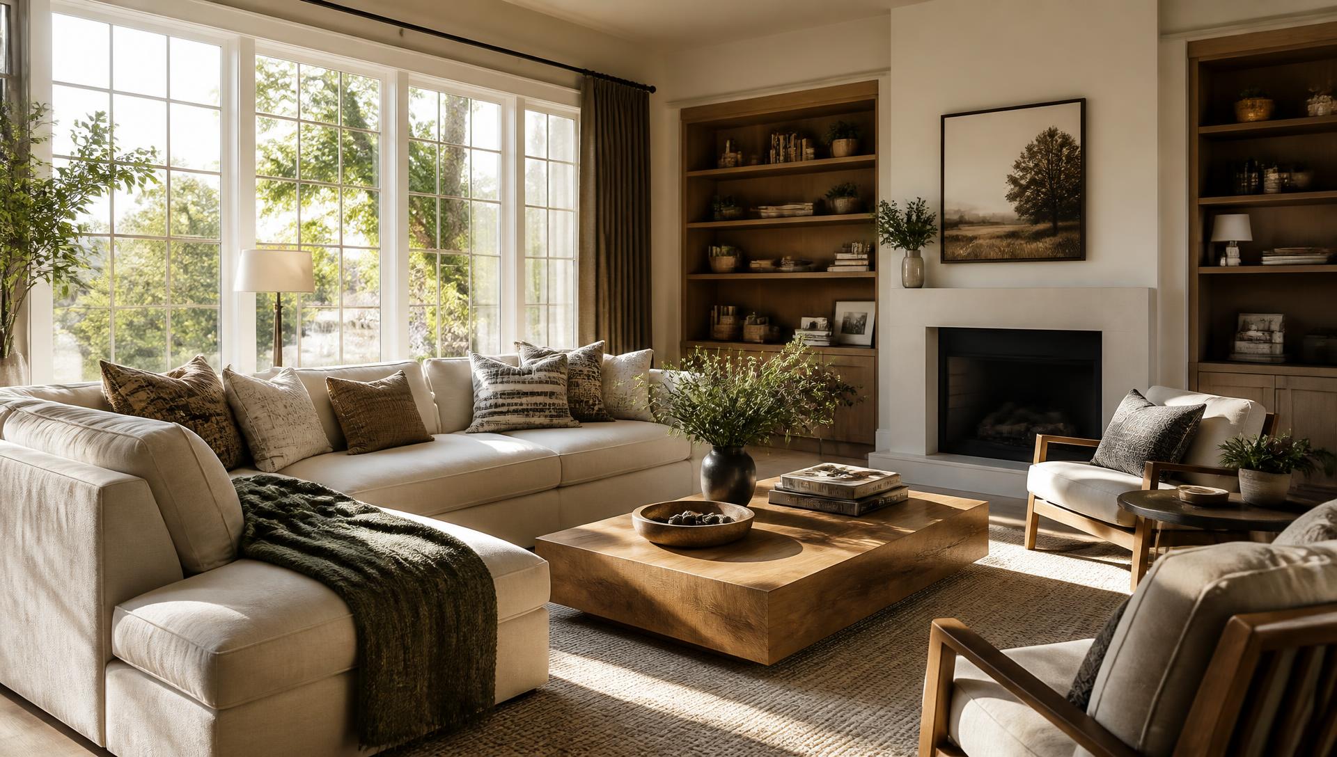 A spacious living room with large windows