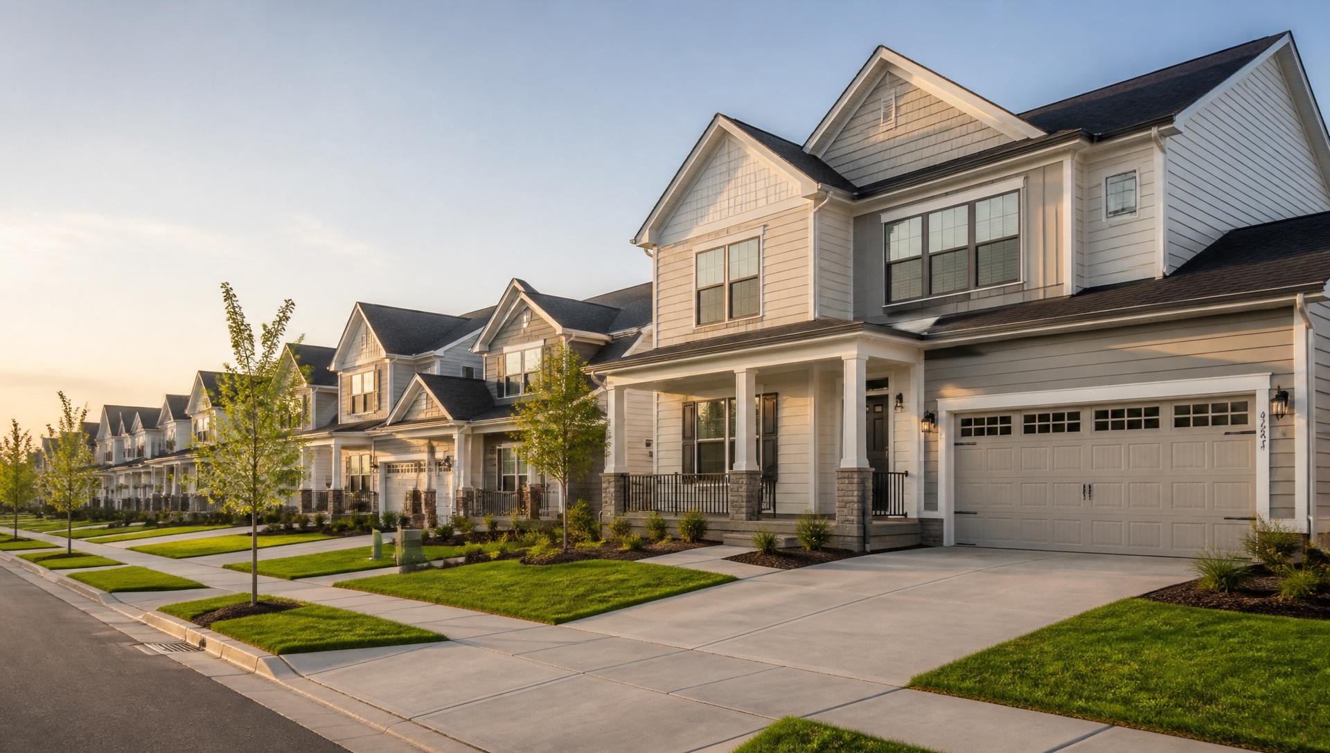 A tasteful new construction community with fresh landscaping and clean sidewalks